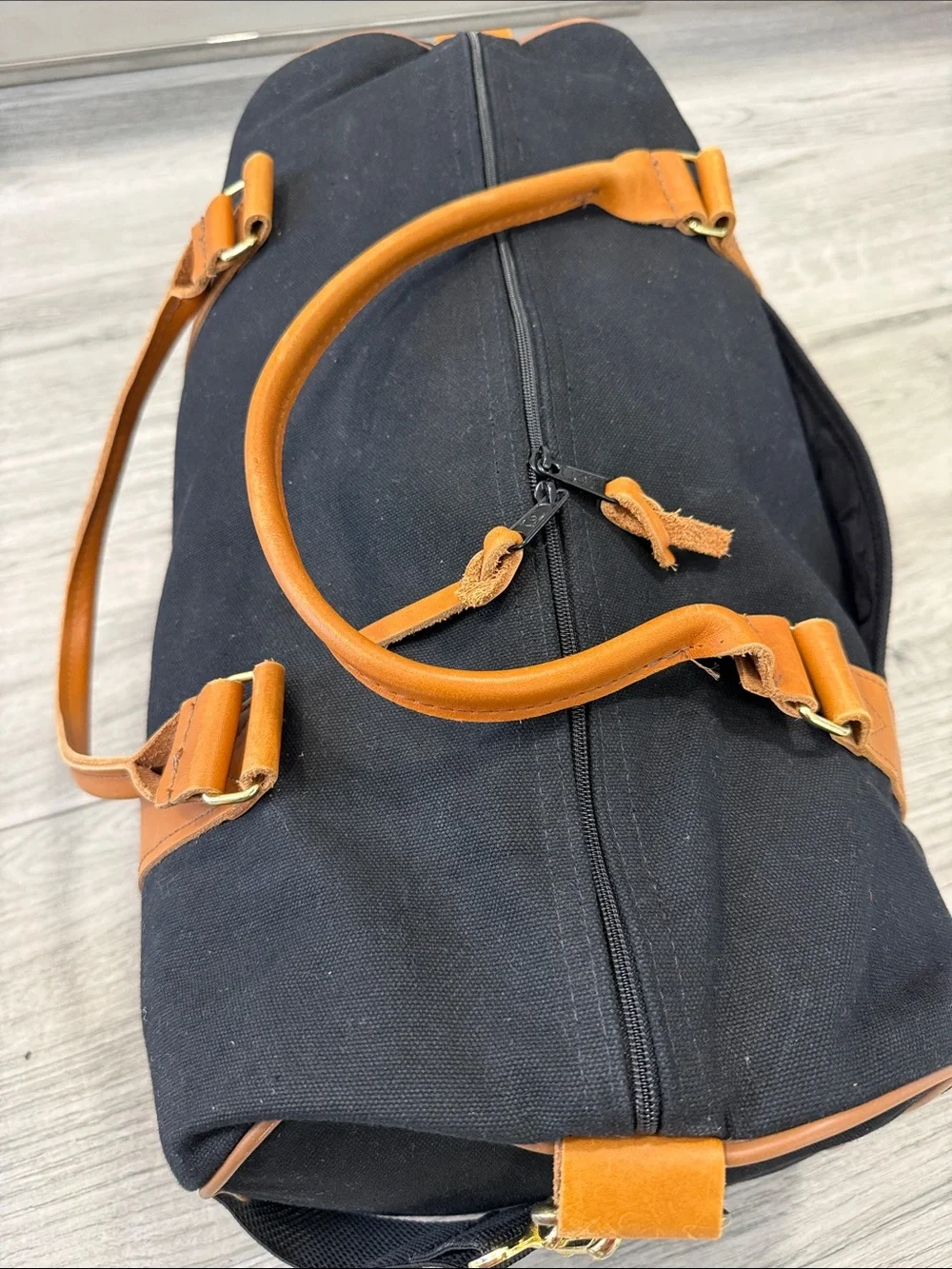 Classic Black Canvas Duffel with Tan Leather Trim